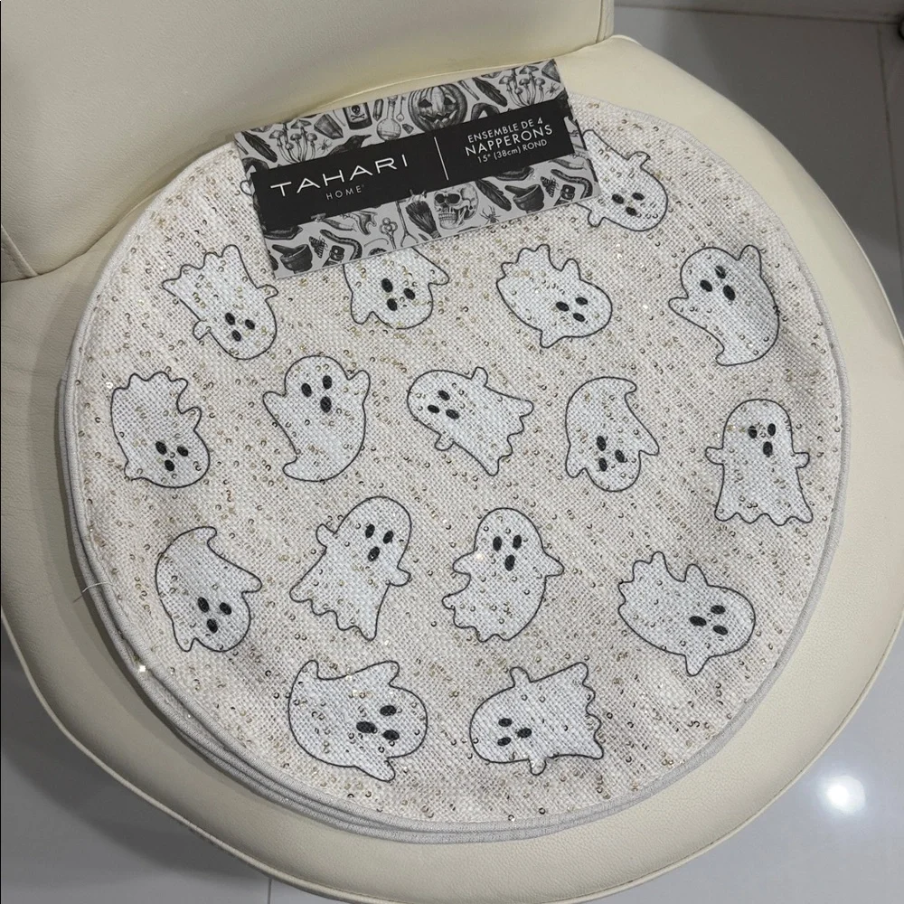 Tahari Home Halloween Beige/White & Sparkly Gold  Ghost Set of 4 Round Placemats